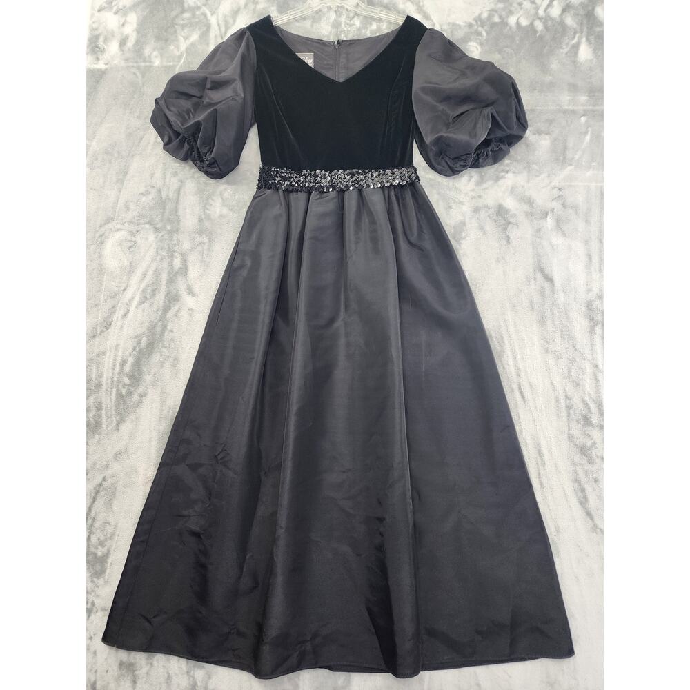 Vintage 60s Edith Flagg Dress Womens S Black Velvet Taffeta Puff Sleeve Sequin